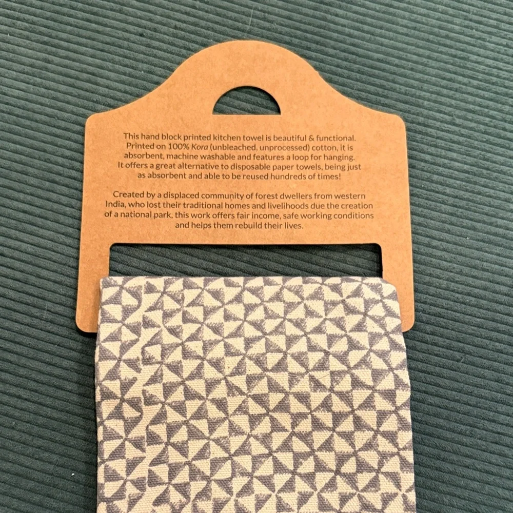 Sustainable Threads Block Hand Printed Feast Kitchen Towel Slate grey new tags